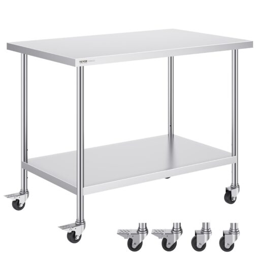 VEVOR Stainless Steel Commercial Kitchen Prep Table with Adjustable Shelves and Casters