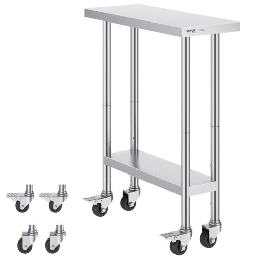 VEVOR Stainless Steel Commercial Prep Table with Adjustable Shelves and Casters 76x30x97 cm 30x12x38 inch