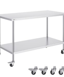 VEVOR 76x152 cm (30x60 Inch) Stainless Steel Commercial Prep Work Table with 4 Casters and Adjustable Shelves