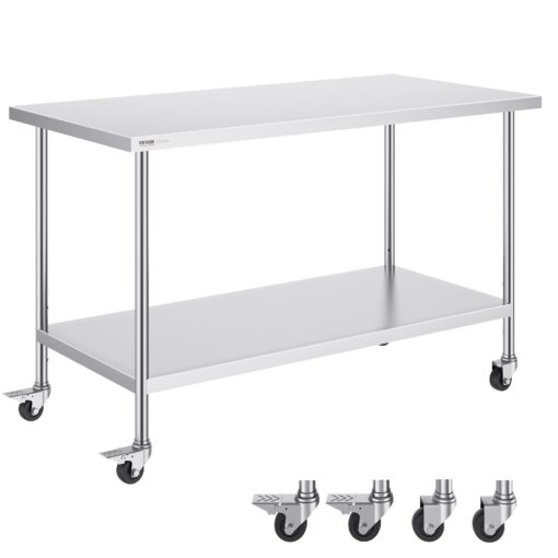 VEVOR 76x152 cm 30x60 Inch Stainless Steel Commercial Prep Work Table with 4 Casters and Adjustable Shelves