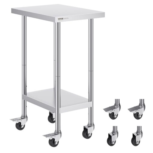 VEVOR Stainless Steel Commercial Prep Table with Adjustable Shelves and Casters 61x46x97 cm 24x18x38 Inch for Kitchen and Catering