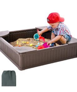 VEVOR Children's Sandbox with Cover - 1235 x 1235 x 315 mm (48.6 x 48.6 x 12.4 in) HDPE Outdoor Sand Pit with Seats for Kids Ages 3-12