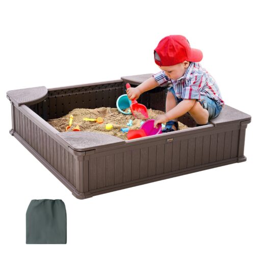 VEVOR Childrens Sandbox with Cover 1235 x 1235 x 315 mm 486 x 486 x 124 in HDPE Outdoor Sand Pit with Seats for Kids Ages 3 12