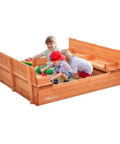 VEVOR Wooden Sandbox 133 x 120 x 43 cm (52.4 x 47.2 x 16.9 in) with Bottom Liner and Seats for Outdoor Play