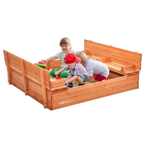 VEVOR Wooden Sandbox 133 x 120 x 43 cm 524 x 472 x 169 in with Bottom Liner and Seats for Outdoor Play