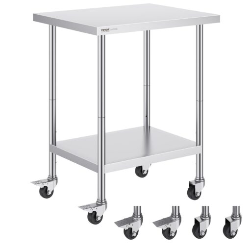 VEVOR Commercial Stainless Steel Work Table with Adjustable Shelves and Casters