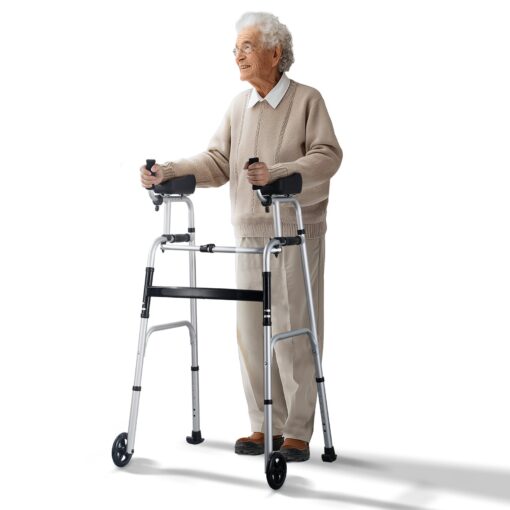 VEVOR 2 in 1 Folding Walker with Adjustable Armrests 5 127 cm Solid Wheels for Seniors