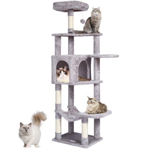 VEVOR 154 cm 606 in Light Grey Multi Level Cat Tree with Condo and Sisal Scratching Post for 1 4 Cats