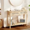 VEVOR Natural Rattan Console Table with 2 Storage Drawers and Sliding Door   Rustic Entryway Table with Open Shelf for Living Room