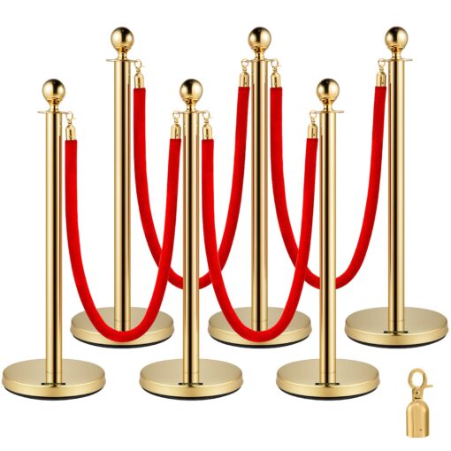 VEVOR 6PCS Stainless Steel Stanchion Posts with 4 Red Velvet Ropes