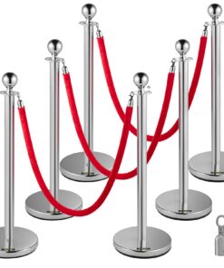 VEVOR 6PCS Silver Stainless Steel Crowd Control Stanchions with Red Velvet Ropes - 1.5m/5ft Ropes