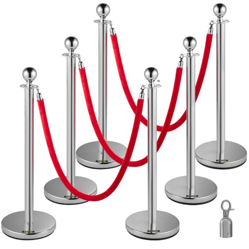 VEVOR 6PCS Silver Stainless Steel Crowd Control Stanchions with Red Velvet Ropes 15m5ft Ropes