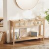 VEVOR Natural Rattan Console Table with 3 Storage Drawers and Sliding Door