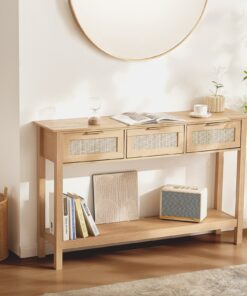 VEVOR Natural Rattan Console Table with 3 Storage Drawers and Sliding Door