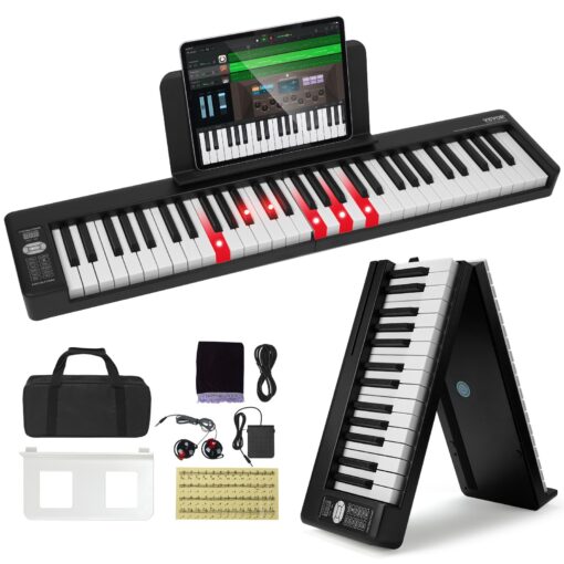 VEVOR 61 Key Portable Folding Keyboard Piano with Bluetooth MIDI and Illuminated Keys