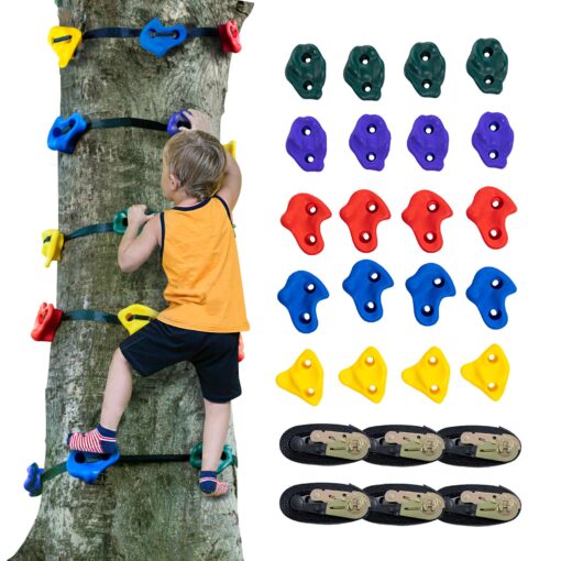 VEVOR Ninja Tree Climbing Kit with 20 Rock Climbing Holds 6 Ratchet Straps Supports Up to 104 kg 230 lbs Outdoor Play Equipment for Kids and Adults