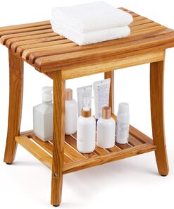 VEVOR Teak Dušas Sols - 51 x 36 x 45 cm (20 x 14.3 x 17.9 in) Izturīgs Koka Krēsls ar 180 kg Ietilpību Vannasistabai