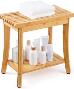 VEVOR Bamboo Shower Bench - Ergonomic Bathroom Stool with Adjustable Anti-Slip Feet