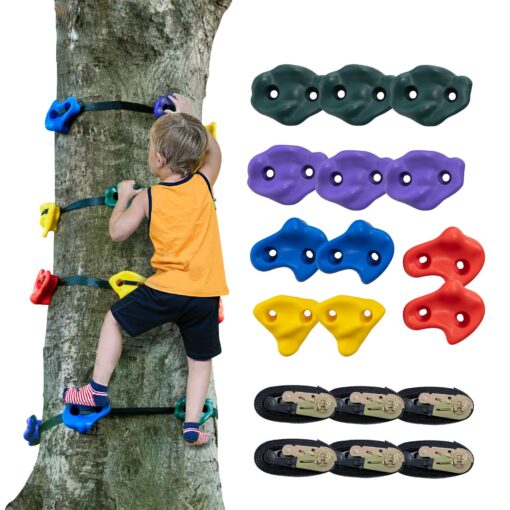 VEVOR Outdoor Ninja Tree Climbing Kit with 12 Colorful Climbing Holds 6 Adjustable Ratchet Straps for Kids