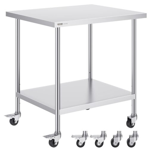 VEVOR Stainless Steel Commercial Work Table with Adjustable Shelves and Casters 76x46x97 cm 30x18x38 Inch for Kitchen and Catering