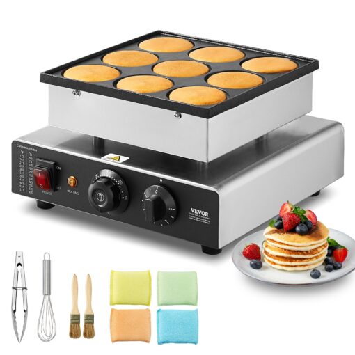 VEVOR 850W Dutch Pancake Maker 9 Mini Poffertjes Ø76mm 3 inch Non stick Commercial Waffle Iron with Temperature Control
