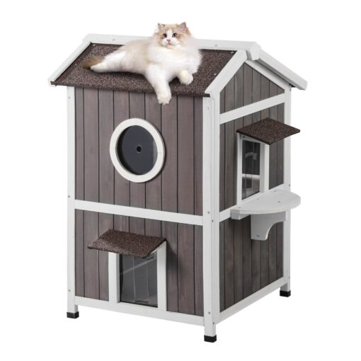 VEVOR 2 Story Wooden Outdoor Cat House with Roof Door Flaps