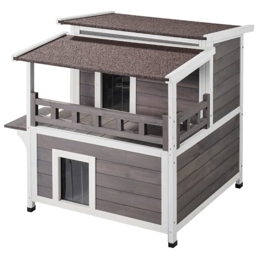 2 Story Wooden Outdoor Cat House with Balcony