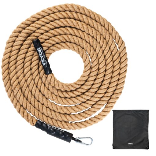 VEVOR 38cm x 61m Gym Climbing Rope with Heat Shrink Caps and Metal Hooks for Indoor Strength Training