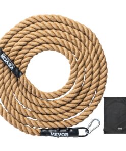 VEVOR 3.8cm x 7.6m Natural Hemp Gym Climbing Rope with Metal Hooks for Indoor Strength Training