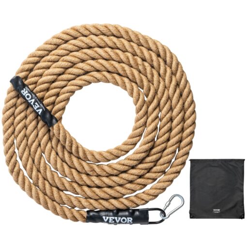 VEVOR 38cm x 76m Natural Hemp Gym Climbing Rope with Metal Hooks for Indoor Strength Training
