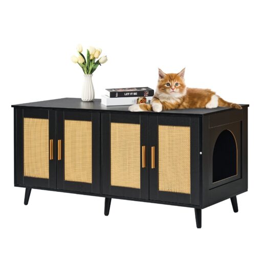 VEVOR Wooden Cat Litter Box Enclosure with Rattan Doors