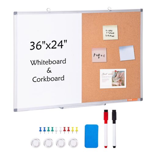 VEVOR 91cm x 61cm Magnetic Whiteboard and Cork Board Combo with Aluminum Frame for Home