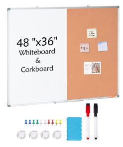 VEVOR 121.92 x 91.44 cm (48 x 36 in) Magnetic Whiteboard and Cork Bulletin Board Combo with Aluminum Frame for Home