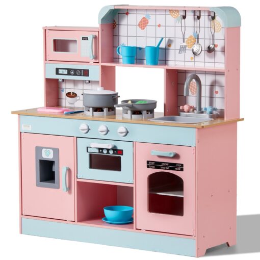 VEVOR Wooden Kitchen Playset for Kids with 24 Accessories Pink