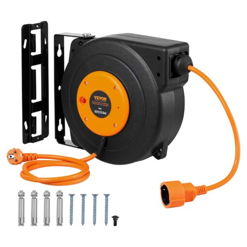 VEVOR Heavy Duty Retractable Extension Cord Reel 19m 62ft with Overheat Protection