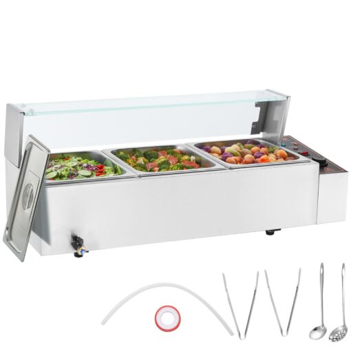 VEVOR Commercial 3 Pan Electric Food Warmer with Glass Shield 3 x 8 Qt 3 x 76 L