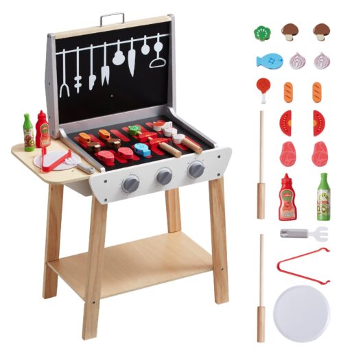 21 Piece Wooden Kids BBQ Grill Playset with Pretend Sounds Safe