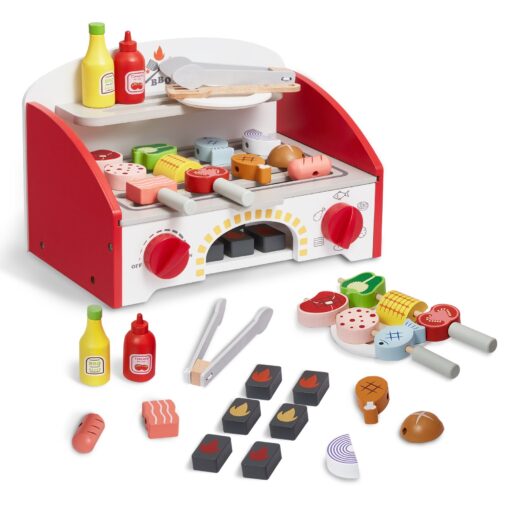 VEVOR 26 Piece Wooden Kids BBQ Grill Playset with Pretend Cooking Sounds Safe and Durable Toy for Ages 3 5