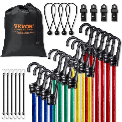 VEVOR 32 Piece Heavy Duty Bungee Cords Set with 8 mm Elastic Straps and A3 Steel Hooks Versatile and Durable for Home