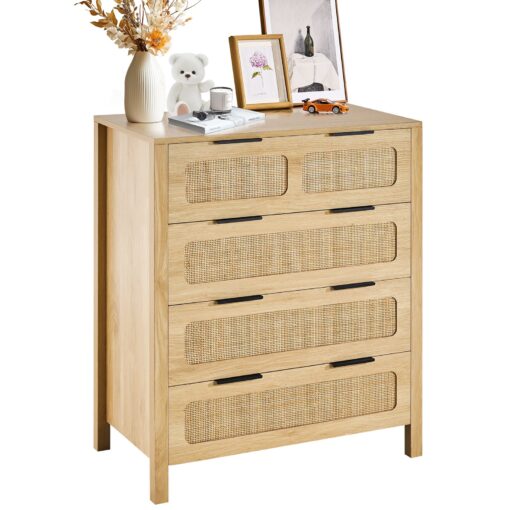 VEVOR Natural Rattan Dresser with 4 Drawers Bedroom Storage Organizer