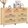 VEVOR Natural Rattan 7 Drawer Dresser with Colorful LED Lighting