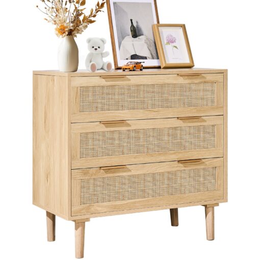 VEVOR Natural Rattan Dresser with 3 Drawers for Bedroom Organizing Furniture with Storage Capacity Holds 45 kg per Drawer