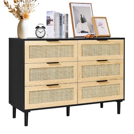 VEVOR 6 Drawer Rattan Dresser with Natural Rattan and Sustainable Particleboard