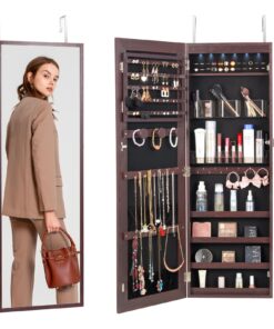 VEVOR 108 cm (42.52 in) Lockable Wall or Door Mounted Mirror Jewelry Cabinet with Keyless Password Lock and Spacious Storage - Brown