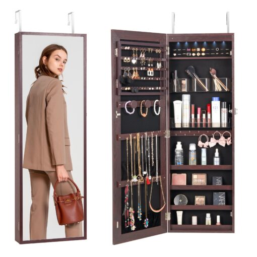 VEVOR 108 cm 4252 in Lockable Wall or Door Mounted Mirror Jewelry Cabinet with Keyless Password Lock and Spacious Storage Brown