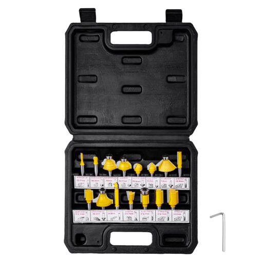 VEVOR 15 Piece Carbide Router Bit Set with 635 mm 14 Inch Shank and Storage Case for Woodworking