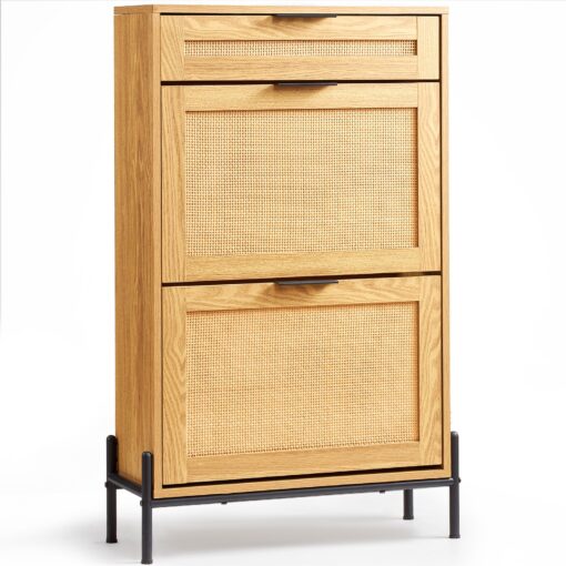 VEVOR Rattan Shoe Cabinet with 2 Flip Drawers 1 Slide Drawer