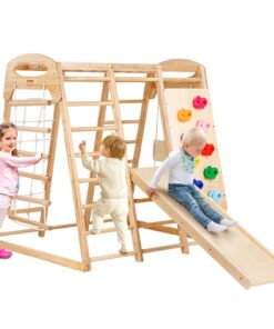 VEVOR 7-in-1 Indoor Jungle Gym for Toddlers - Wooden Climbing Playground Set with Slide