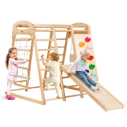VEVOR 7 in 1 Indoor Jungle Gym for Toddlers Wooden Climbing Playground Set with Slide