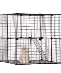 VEVOR Īpaši Liela 2-līmeņu Kaķu Būris 71 x 71 x 71 cm (28 x 28 x 28 in) Metāla Režģa Spēļu Aploks ar Kāpni Iekštelpām un Ārā